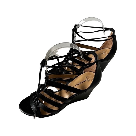 ANTONIO MELANI Adair Lace Up Black Leather Wedges Sandal Size 7 - Picture 5 of 6